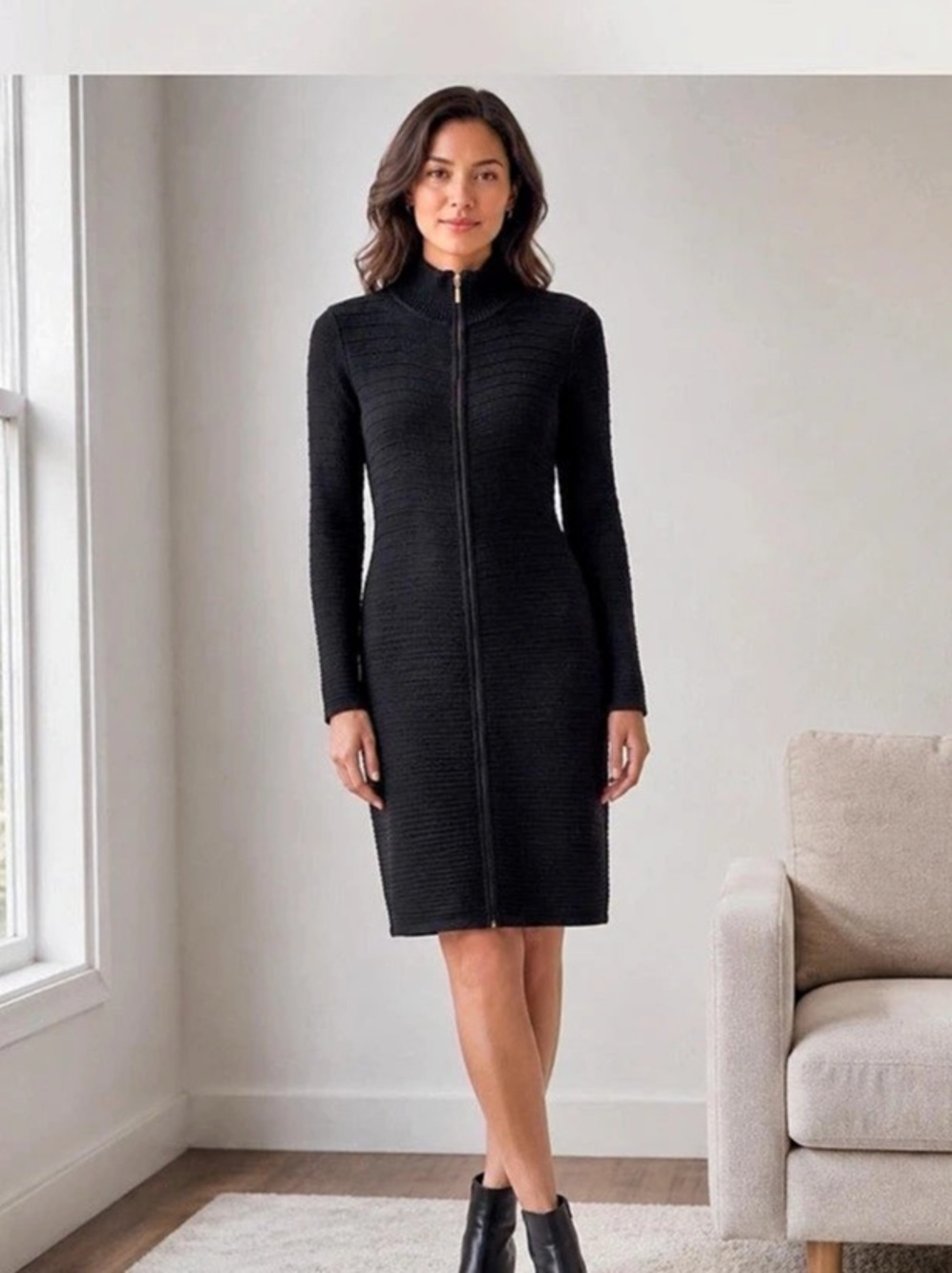 Calvin Klein Full Zip Ribbed Knit Sweater Dress Black Womens Size XL